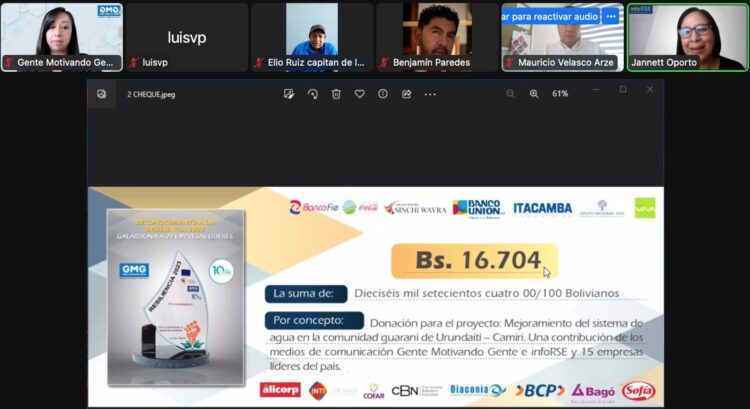 Gente Motivando Gente, infoRSE y 15 empresas entregan Bs 16.704 a Visión Mundial Bolivia para Mejorar el Sistema de Agua de Irundaití 